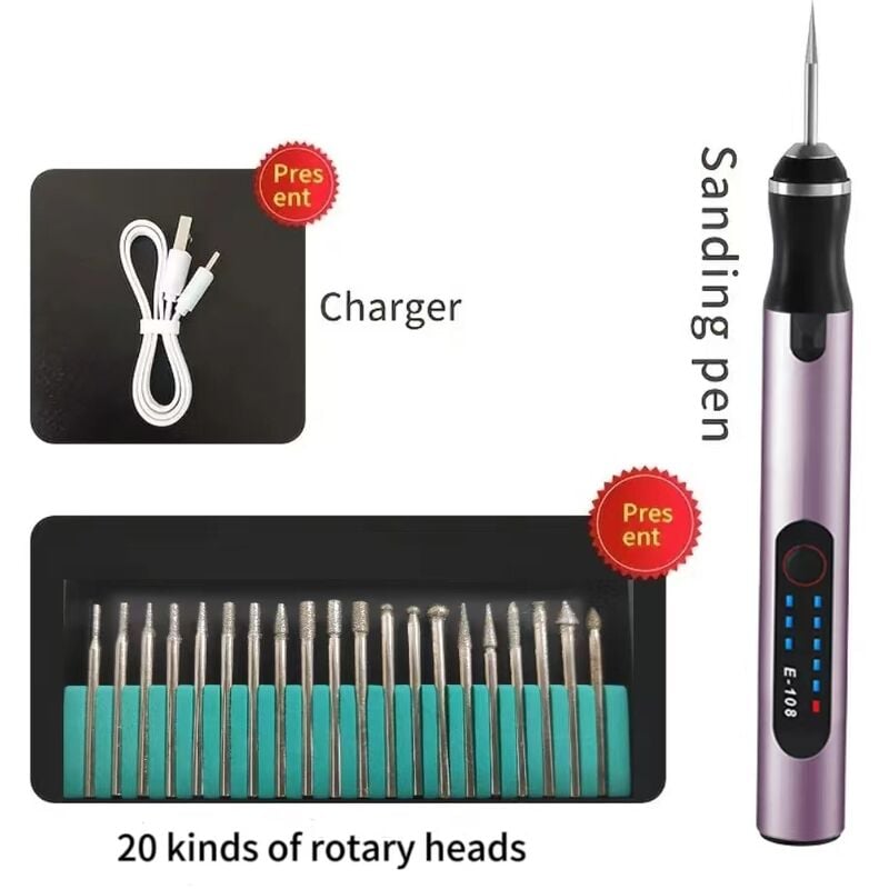Durficst - Outil rotatif sans fil, stylo de gravure rechargeable avec batterie de 300 mAh, stylo de sculpture électrique à vitesse réglable, outil de