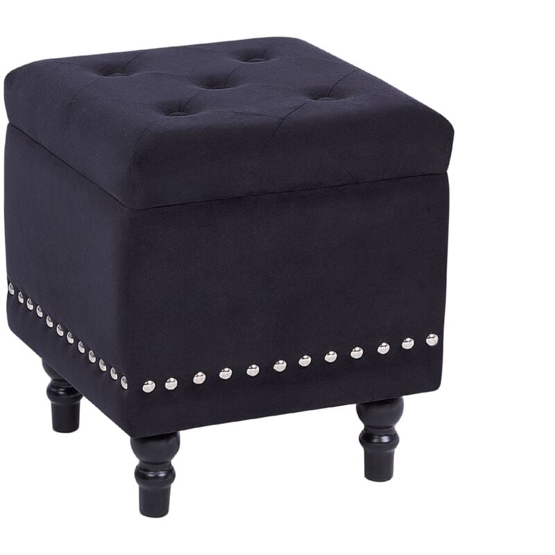 Tabouret avec Coffre 37 x 40 cm en Velours Noir Carré Capitonné Style Glamour Loretto