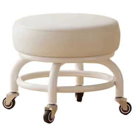 Petit Tabouret Bas avec Poulie, , Repose-Pieds, Circulaire,Tabouret à Chaussures pour Salon Chambre 34×34×26CM Blanc