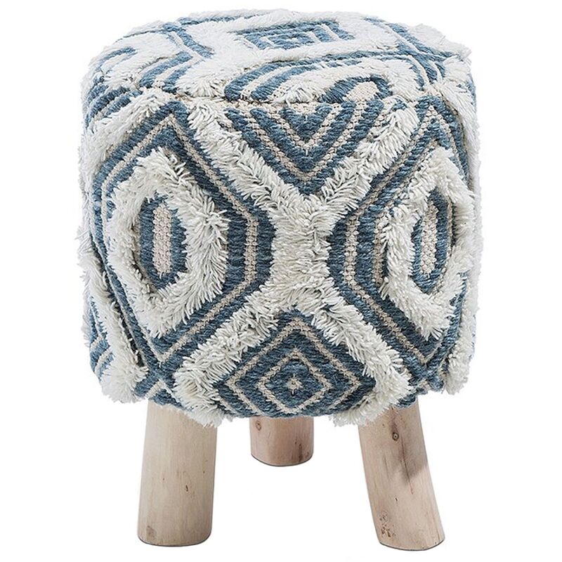 beliani - petit tabouret au style rustique et bohème en laine blanc et bleu et pieds en bois d'eucalyptus pour salon bois clair