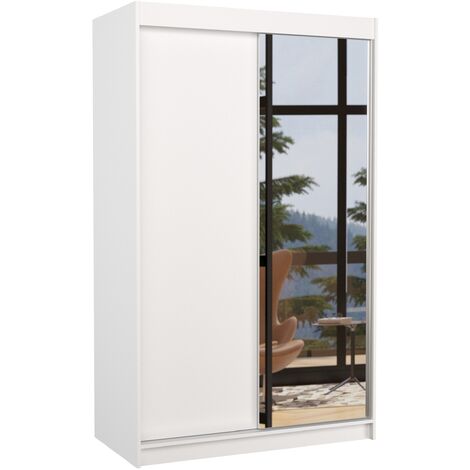 Petite armoire de chambre 2 portes coulissantes 1 bois blanc 1 miroir Roxane 120cm