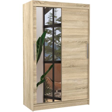 Petite armoire de chambre 2 portes coulissantes 1 bois clair 1 miroir Roba 120cm