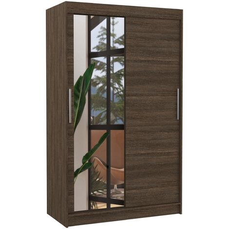 Petite armoire de chambre 2 portes coulissantes 1 bois marron 1 miroir Roba 120cm