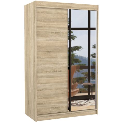 Petite armoire de chambre 2 portes coulissantes 1 bois naturel 1 miroir Roxane 120cm