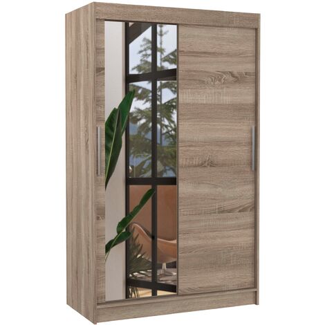Petite armoire de chambre 2 portes coulissantes 1 bois truffe 1 miroir Roba 120cm