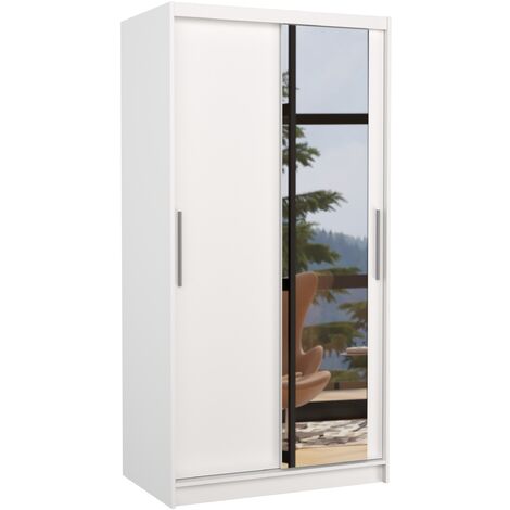 Petite armoire de chambre 2 portes coulissantes blanche avec miroir Bazo 100cm