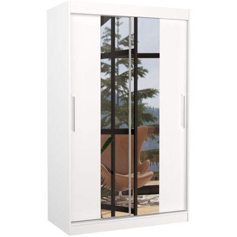 Petite armoire de chambre 2 portes coulissantes blanche et miroir Tinko 120cm