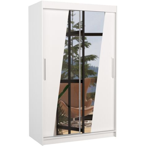 Petite armoire de chambre 2 portes coulissantes bois blanc et miroirs en diagonale Texano 120cm