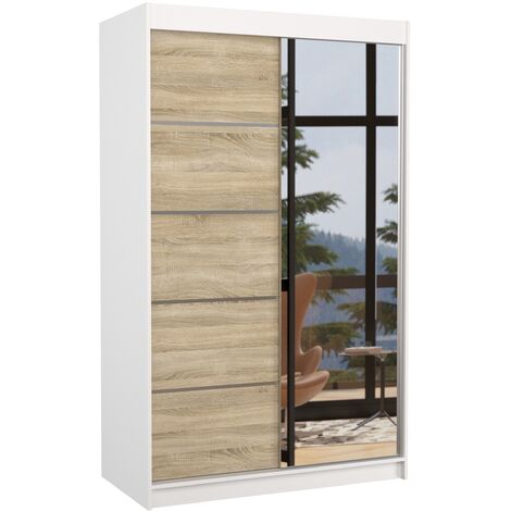 Petite armoire de chambre 2 portes coulissantes bois blanc et naturel avec miroir Noka 120cm