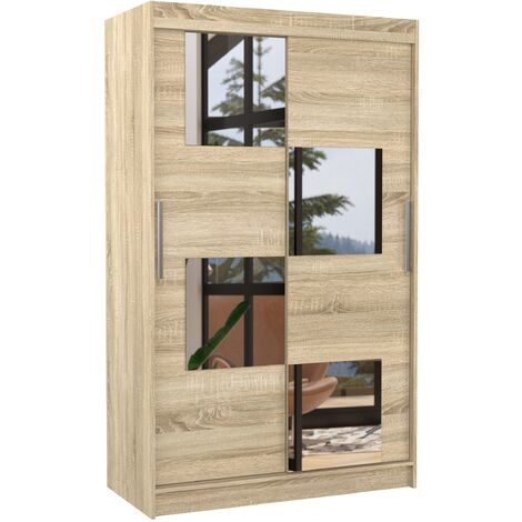 Petite armoire de chambre 2 portes coulissantes bois clair et 4 miroirs Luko 120cm