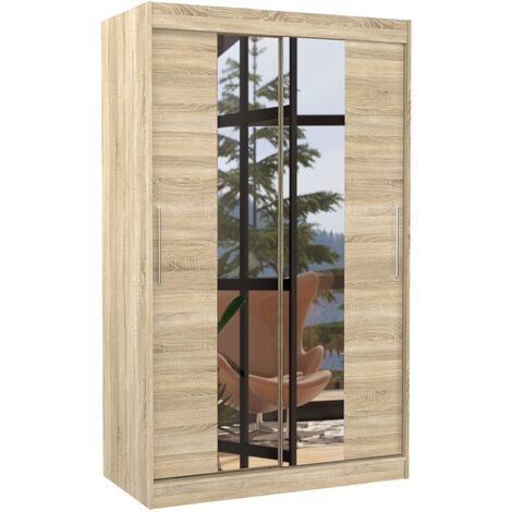 Petite armoire de chambre 2 portes coulissantes bois clair et miroir Tinko 120cm
