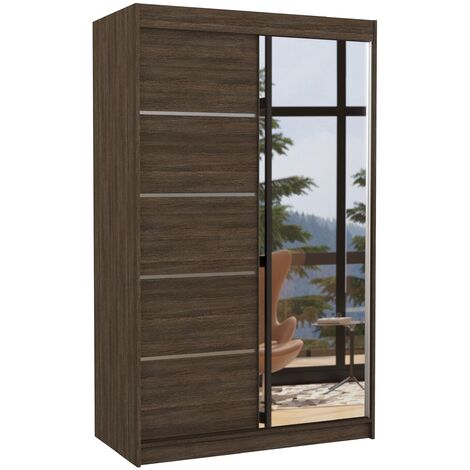 Petite armoire de chambre 2 portes coulissantes bois foncé et miroir Noka 120cm