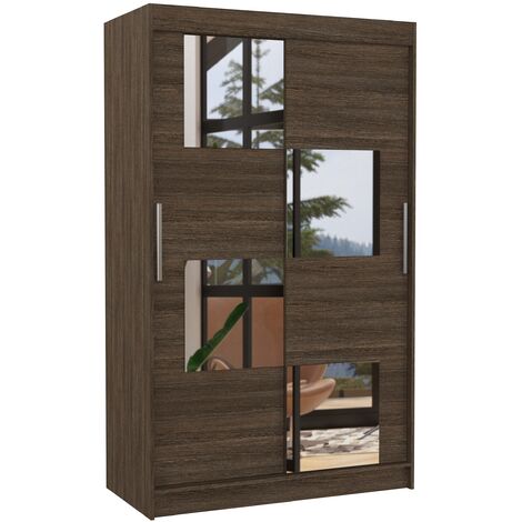 Petite armoire de chambre 2 portes coulissantes bois marron et 4 miroirs Luko 120cm