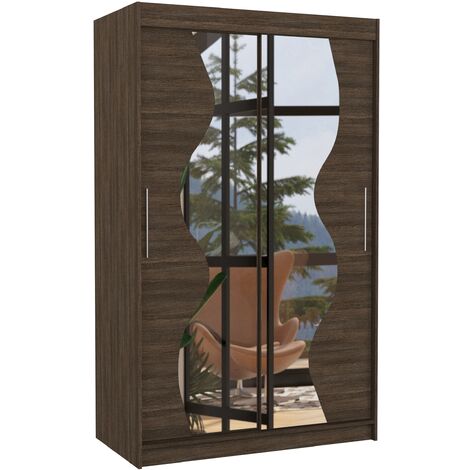 Petite armoire de chambre 2 portes coulissantes bois marron et miroir Vaguz 120cm