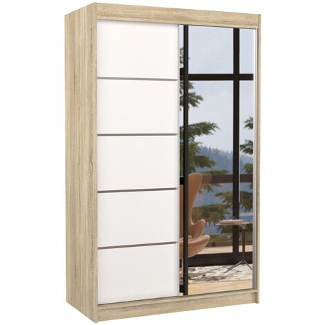 Petite armoire de chambre 2 portes coulissantes bois naturel et blanc avec miroir Noka 120cm