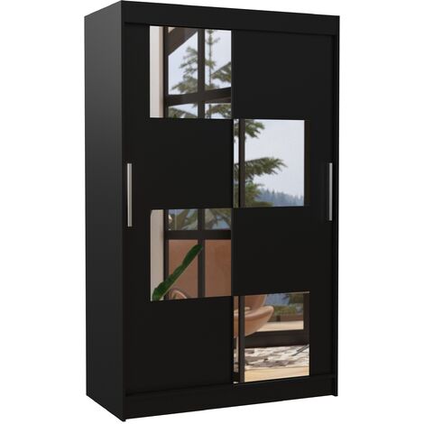 Petite armoire de chambre 2 portes coulissantes bois noir et 4 miroirs Luko 120cm