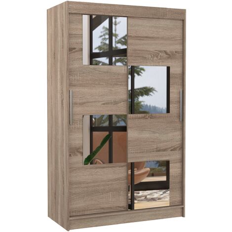 Petite armoire de chambre 2 portes coulissantes bois truffe et 4 miroirs Luko 120cm