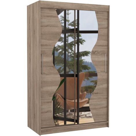 Petite armoire de chambre 2 portes coulissantes bois truffe et miroir Vaguz 120cm