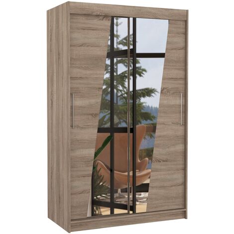 Petite armoire de chambre 2 portes coulissantes bois truffe et miroirs en diagonale Texano 120cm