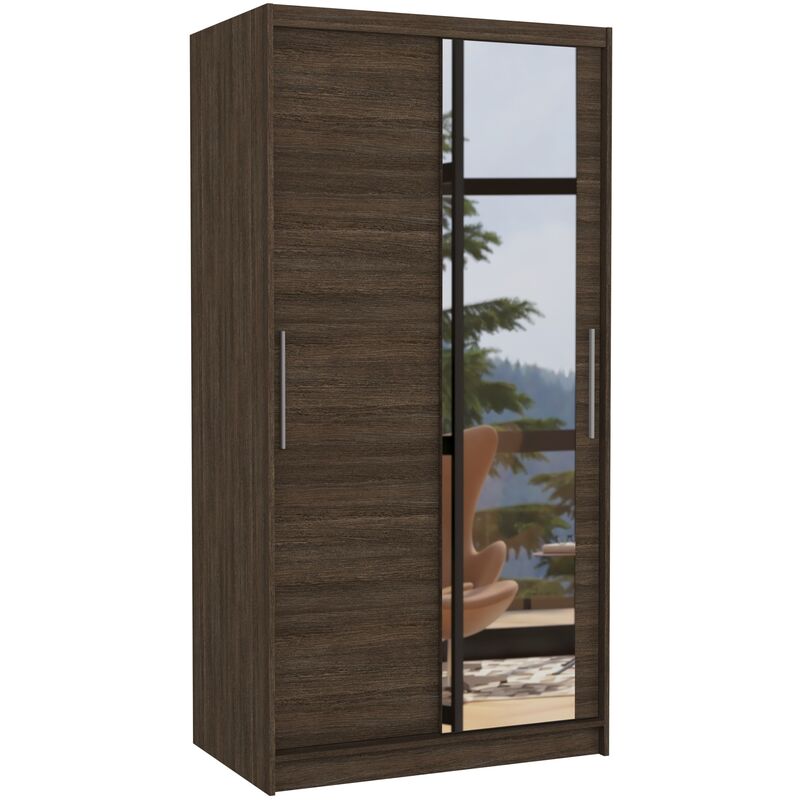 Les Tendances - Petite armoire de chambre 2 portes coulissantes marron avec miroir Bazo 100cm