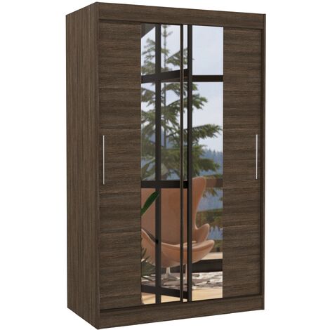 Petite armoire de chambre 2 portes coulissantes marron et miroir Tinko 120cm