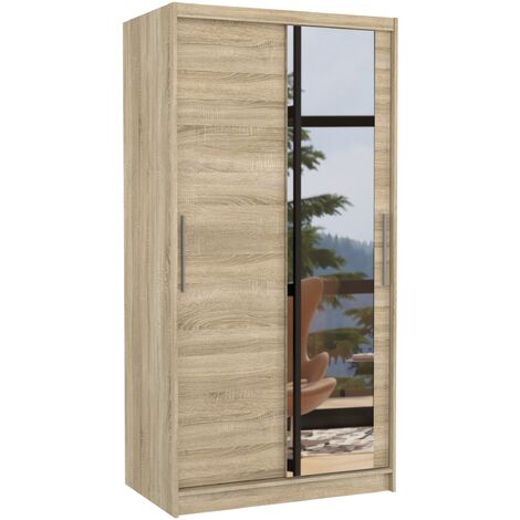 Petite armoire de chambre 2 portes coulissantes naturel avec miroir Bazo 100cm