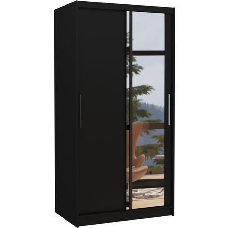 Petite armoire de chambre 2 portes coulissantes noir avec miroir Bazo 100cm