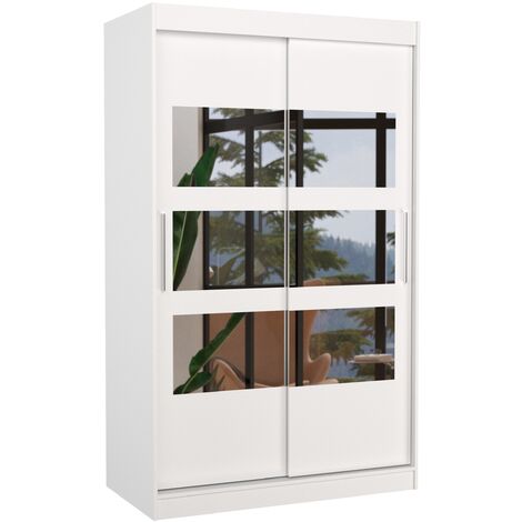 Petite armoire de chambre à coucher 2 portes coulissantes blanche avec 6 miroir Kolida 120cm