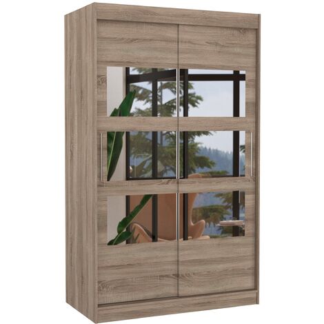 Petite armoire de chambre à coucher 2 portes coulissantes bois truffe avec 6 miroir Kolida 120cm