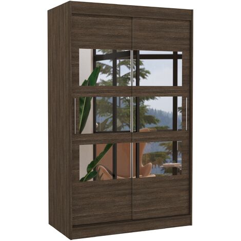 Petite armoire de chambre à coucher 2 portes coulissantes marron avec 6 miroir Kolida 120cm