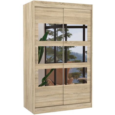 Petite armoire de chambre à coucher 2 portes coulissantes naturel avec 6 miroir Kolida 120cm