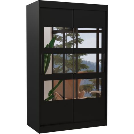 Petite armoire de chambre à coucher 2 portes coulissantes noir avec 6 miroir Kolida 120cm