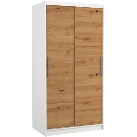 Petite armoire de chambre à coucher blanche 2 portes coulissantes bois artisan Kilane 100cm