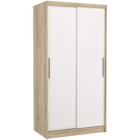 Petite armoire de chambre à coucher bois clair 2 portes coulissantes blanches Kilane 100cm