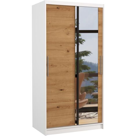 Petite armoire de chambre blanche 2 portes coulissantes bois artisan et miroir Bazo 100cm