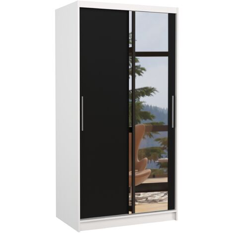 Petite armoire de chambre blanche 2 portes coulissantes bois noir et miroir Bazo 100cm