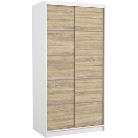 Petite armoire de chambre blanche 2 portes coulissantes en bois clair Rika 100cm