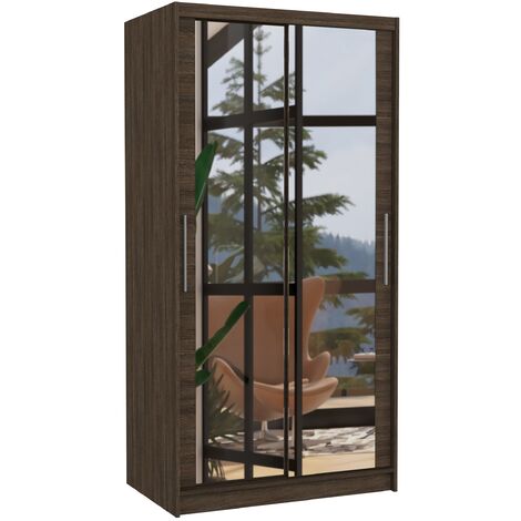 Petite armoire de chambre marron 2 portes coulissantes avec miroir Niko 100cm