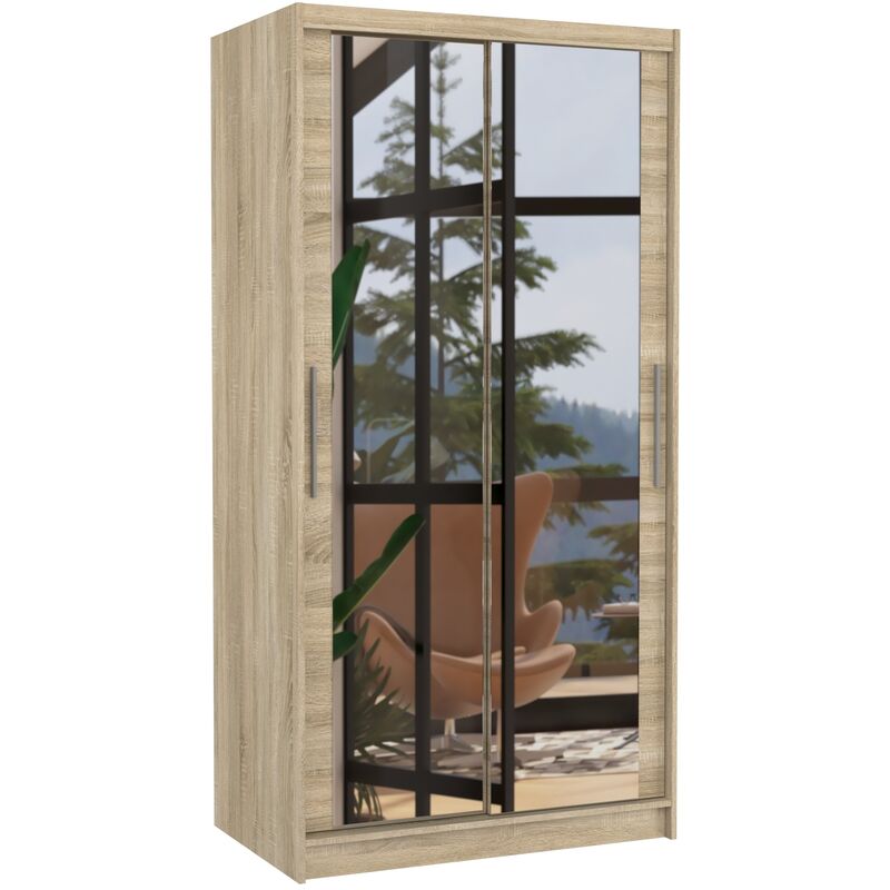 Les Tendances - Petite armoire de chambre naturel 2 portes coulissantes avec miroir Niko 100cm Les Tendances - Petite armoire de chambre naturel 2 portes coulissantes avec miroir Niko 100cm