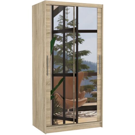 Petite armoire de chambre naturel 2 portes coulissantes avec miroir Niko 100cm