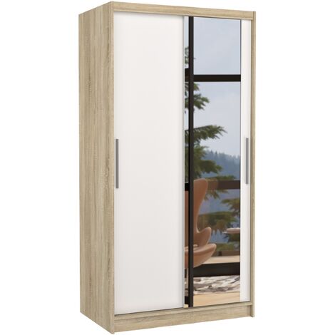 Petite armoire de chambre naturel 2 portes coulissantes bois blanc et miroir Bazo 100cm