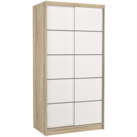 Petite armoire de chambre naturel 2 portes coulissantes en bois blanc Rika 100cm