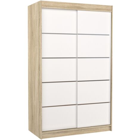 Petite armoire de chambre naturel et blanc avec 2 portes coulissantes Benko 120cm