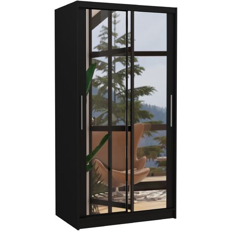 Petite armoire de chambre noir 2 portes coulissantes avec miroir Niko 100cm