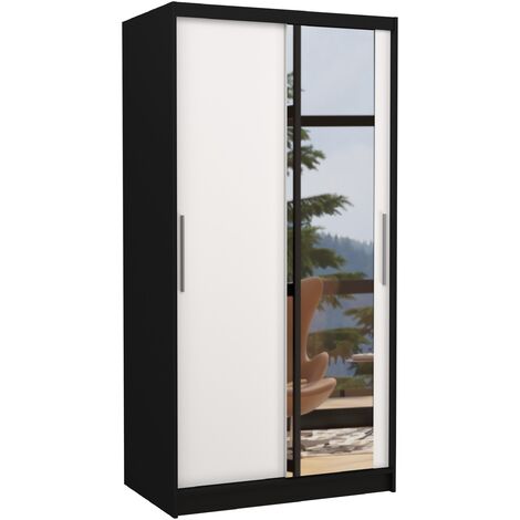 Petite armoire de chambre noir 2 portes coulissantes bois blanc et miroir Bazo 100cm