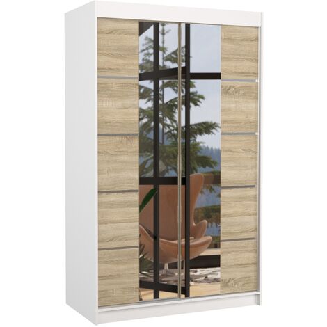 Petite armoire design de chambre à coucher 2 portes coulissantes blanche et naturel avec miroir Kinzo 120cm