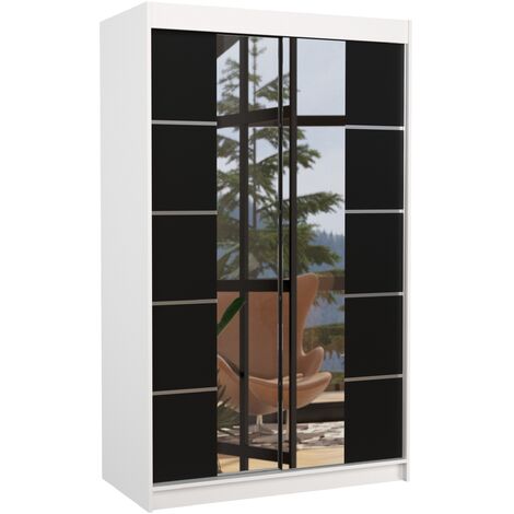 Petite armoire design de chambre à coucher 2 portes coulissantes blanche et noir avec miroir Kinzo 120cm