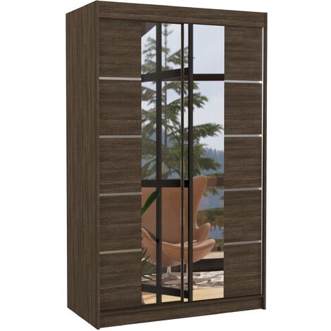 Petite armoire design de chambre à coucher 2 portes coulissantes marron et miroir Kinzo 120cm