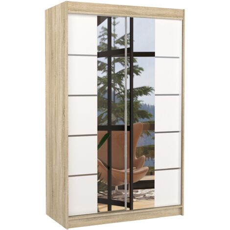Petite armoire design de chambre à coucher 2 portes coulissantes naturel et blanc avec miroir Kinzo 120cm