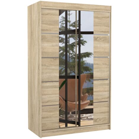 Petite armoire design de chambre à coucher 2 portes coulissantes naturel et miroir Kinzo 120cm